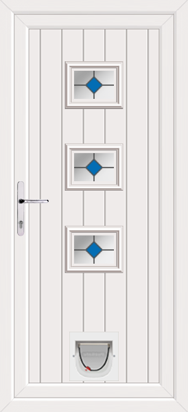 White Tummel Blue Diamond Upvc Door with Catflap