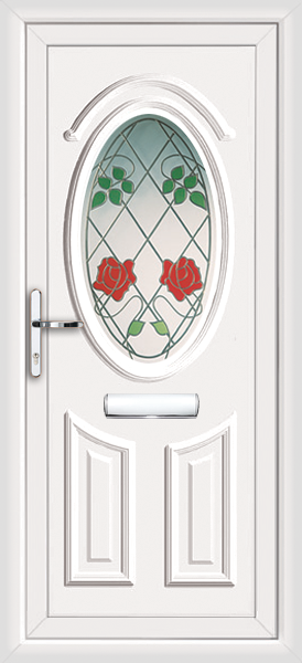 Glazed front door with climbing rose