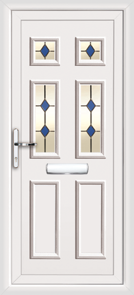 Front door with four panel blue diamonds