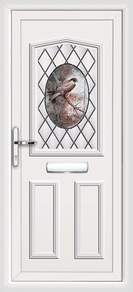 Glazed front door with bird picture
